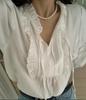 Autumn 2025 Women's Korean Ruffle Tie-Up Puff Sleeve Loose Shirt