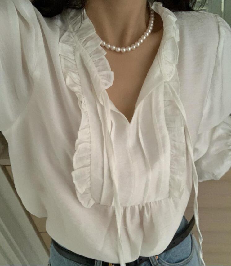 Autumn 2025 Women's Korean Ruffle Tie-Up Puff Sleeve Loose Shirt