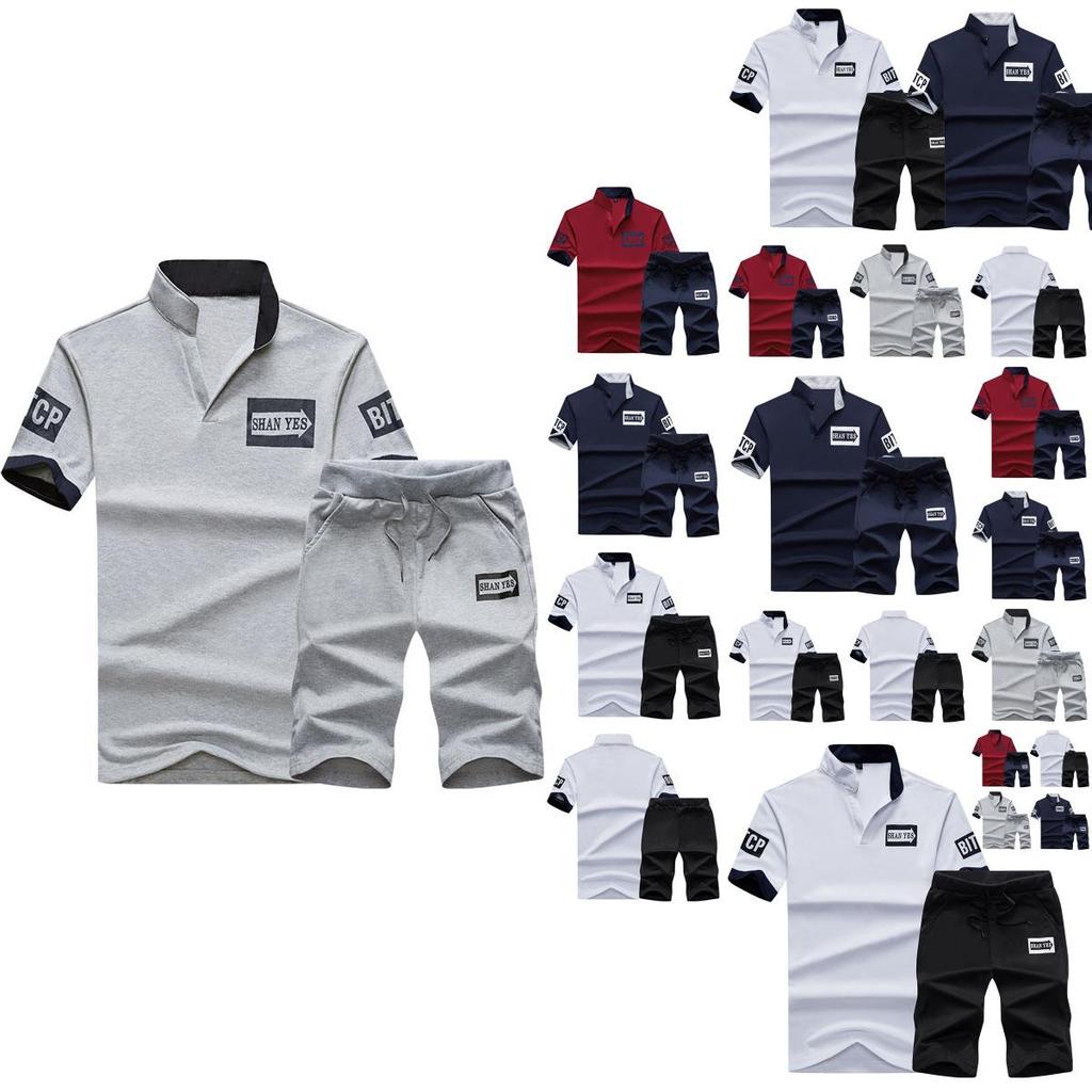 Traje de Camiseta de Cuello Redondo con Cuello Alto y Pantalones Cortos para Hombre Conjunto Cómodo y Transpirable para Estilo Casual