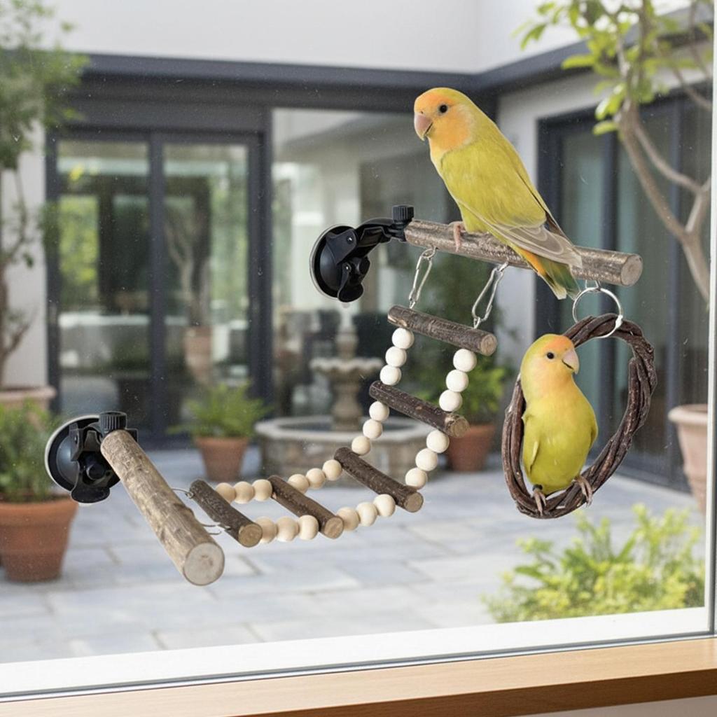 Bird Swing Ladder Flexible Interactive Suction Cup Wooden Cage Perch Bird Playground Swing Hammock For Lovebirds Goldens