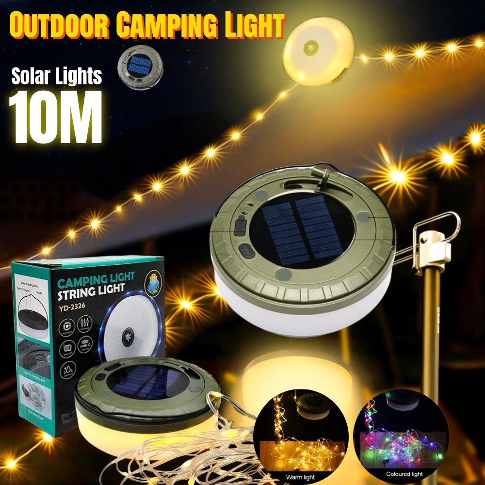 Solar Lights Outdoor Camping Light 10meter String Light Outdoor Tent Light RGB Atmosphere Light LED Flashlight with Hook