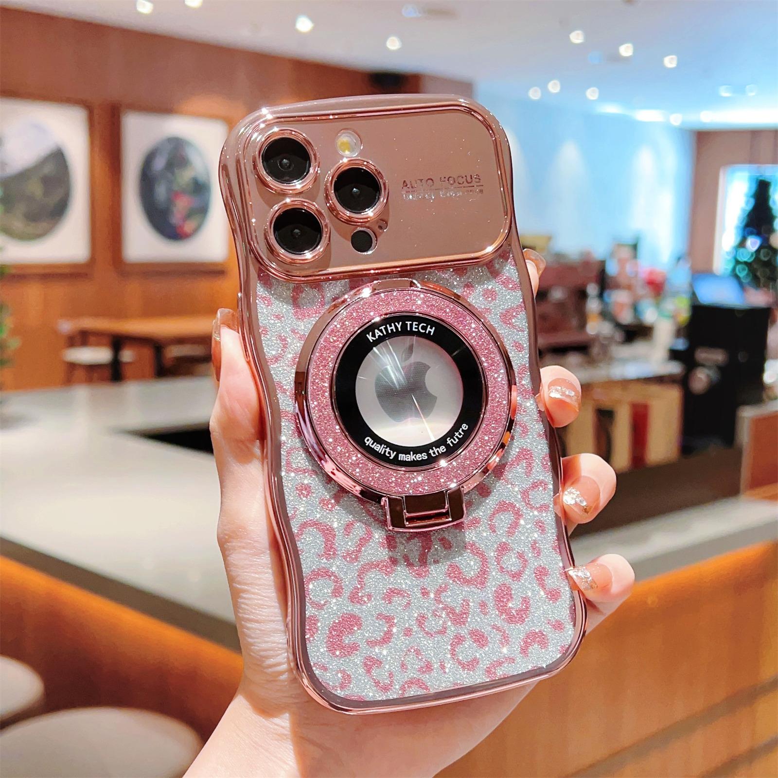

For iPhone 16 Pro Max Magnetic Case Curly Frame TPU Leopard Print Glitter Phone Cover Kickstand Rose Pink