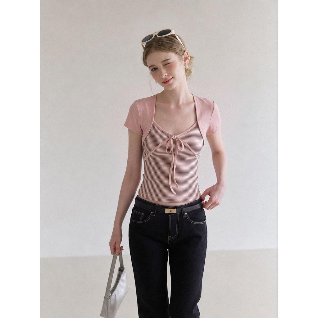 Pink fake two-piece striped lace-up V-neck short-sleeved T-shirt women's summer design sense slim and thin temperament top