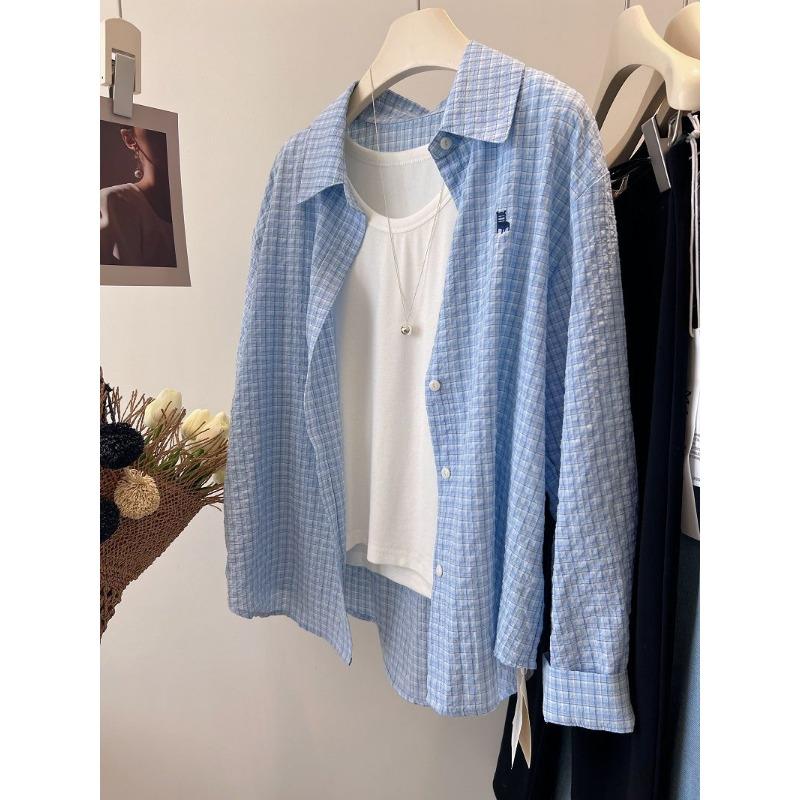 

Модная осенняя рубашка нового стиля, свободного корейского кроя, с вышивкой, в клетку-пузырь, с лацканами, свободная и универсальная, с длинными рукавами S синий