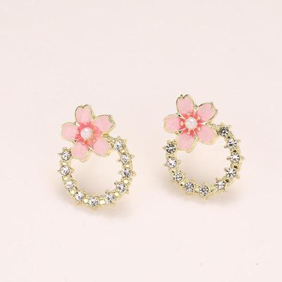 Crystal Sakura Ear Rings Korean Small Round Circle Stud Earrings for Girl Gold Color Hollow Cute Mini Ear Jewelry