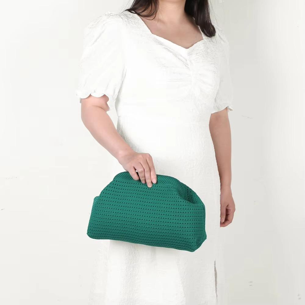 Versatile Solid Color Women Beach Clutch Bag Large Capacity Soft Elastic Crochet Handbag Hollow Out Dumpling Purse Summer Season