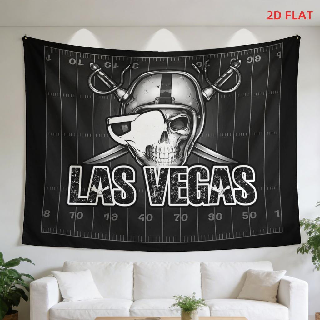 Las Vegas Football Totenkopf Wandteppich Schwarz Weiß Raiders Stil Totenkopf mit Helm Schwerter Druck Wandbehang für Sportfan Zimmer