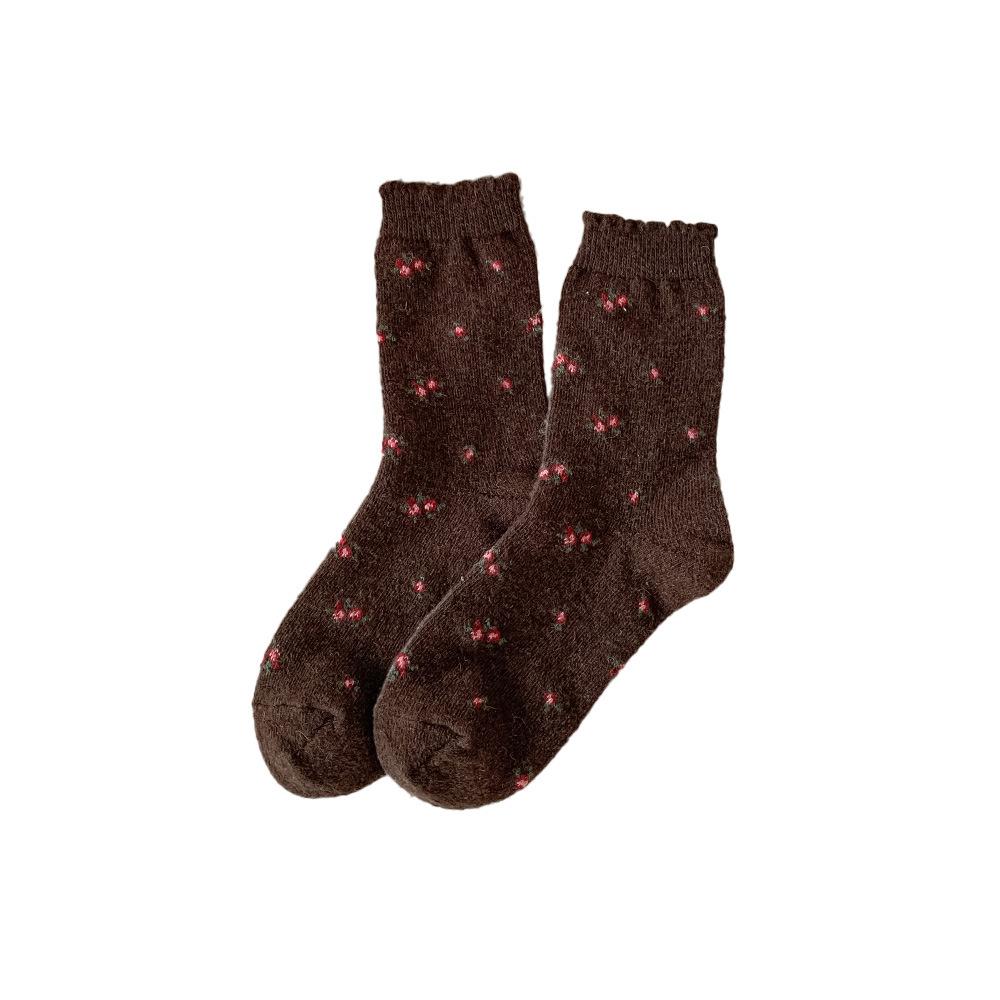 Retro Floral Wool Socks, Pile Socks, Thick and Warm Floral Fringed Socks for Autumn and Winter