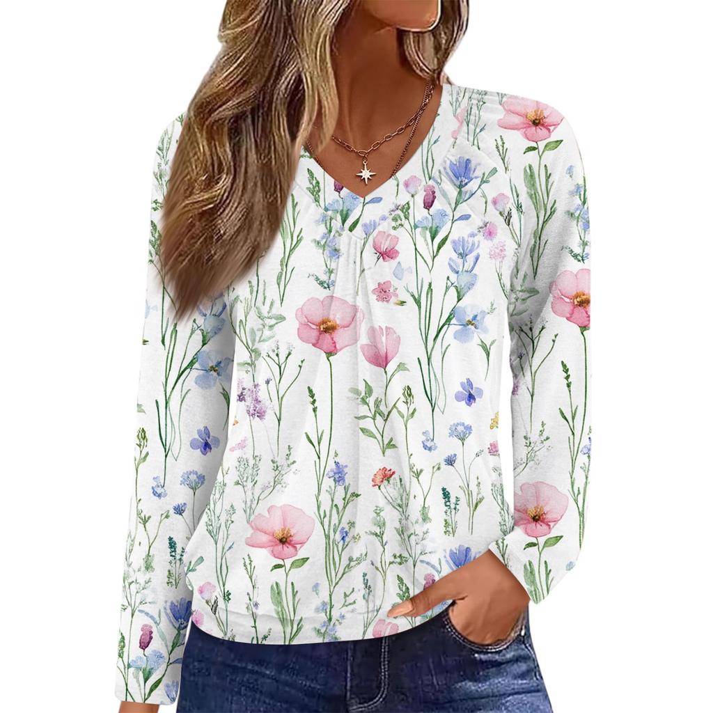 Women's Casual Fashion V-Neck Raglan Pleated Floral Print Long Sleeve Top
