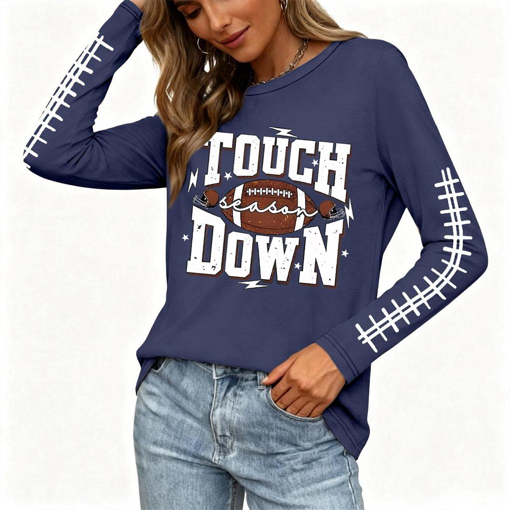 Casual Dames Top met Lange Mouwen, Rugbyprint, Ronde Hals en Gespleten Zoom voor Dagelijks Gebruik