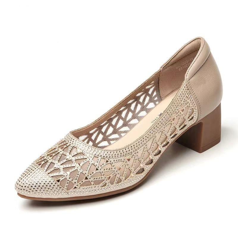 

Мода 2025 Лето Новые Босоножки с Вырезами и Стразами Удобные Модные Дышащая Сетка Женские Одинарные 42 золотой