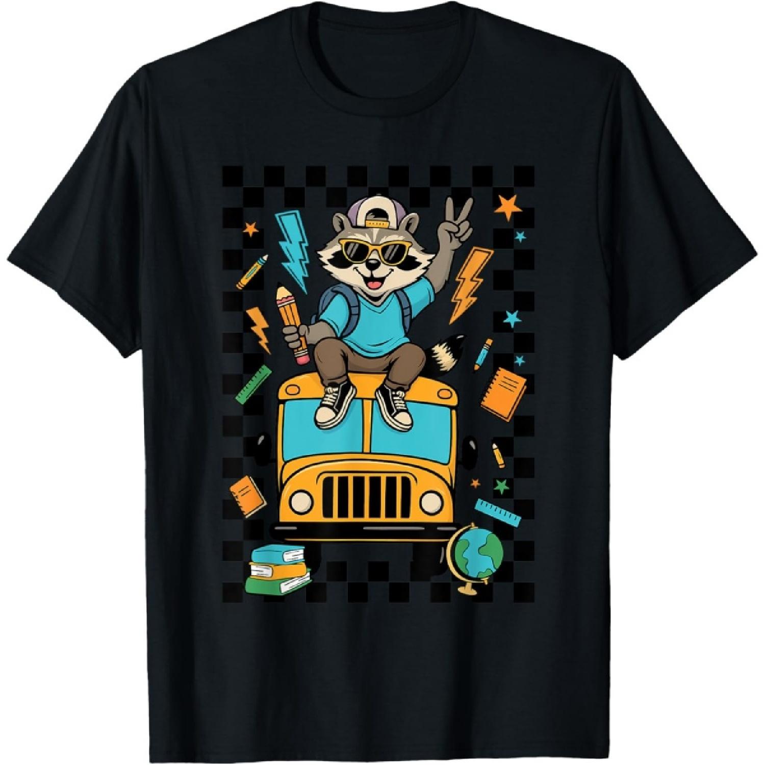Funny Raccoon Back to School Cool Raccoon Riding School Bus T-Shirt S