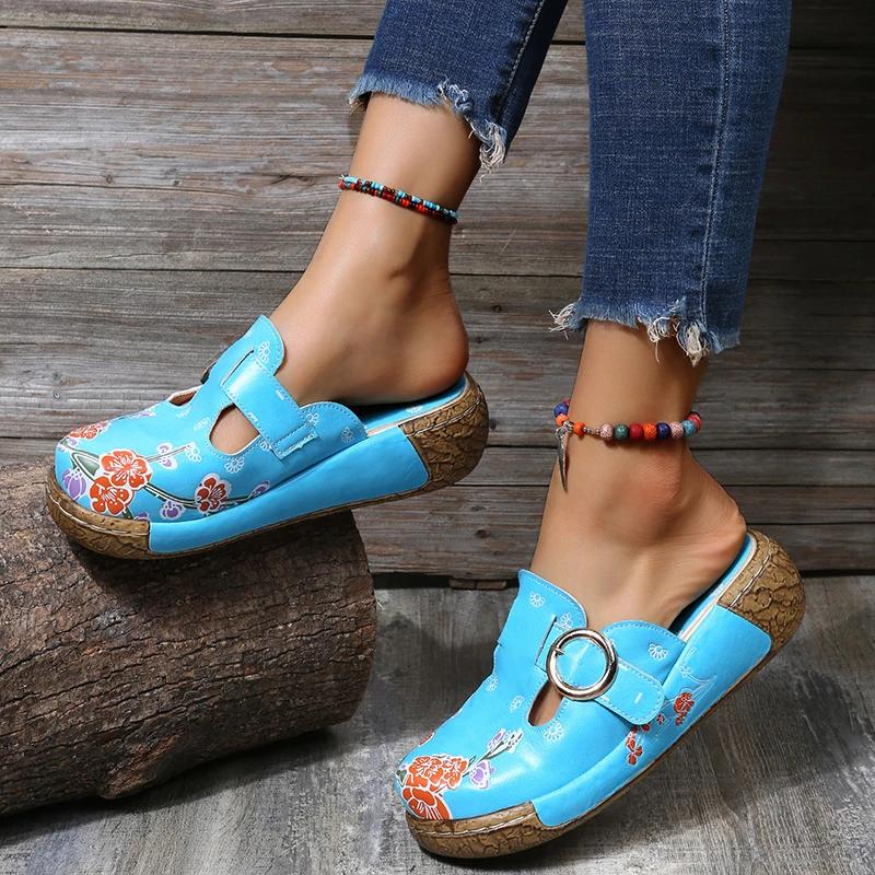 Women Print Flower Slippers Summer Fashion Flat Bottom Sandals Women Candy Color Flower Ethnic Style Slippers