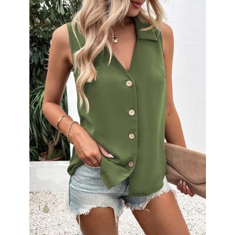 IHUASU Women's Fashion Casual Solid Color Print V-Neck Sleeveless Blouses & Shirts