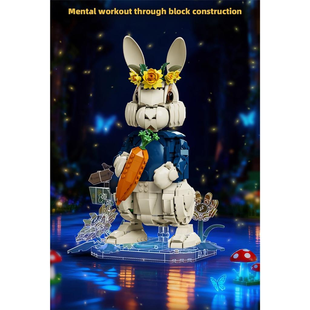 Creative architectural building blocks, pastoral style rabbit, 1258 pieces, animal models, home decoration, rural flowers, rabbit, assembly toys