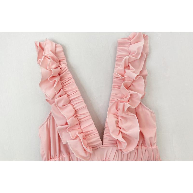 Women's Summer Sexy Deep V-Neck Ruffle Trim Mini Dress Sleeveless High Waist Tiered Slim Fit Party Vacation Dress