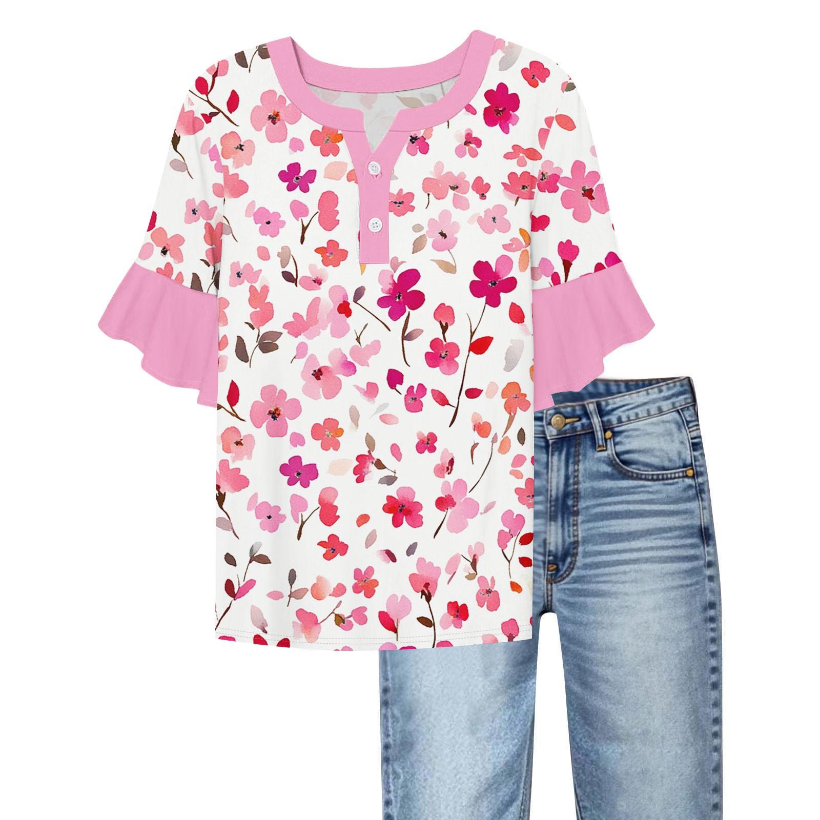 

Women s Casual Fashion V-neck Ruffled Sleeves Loose Versatile Color Short Sleeves M розовый
