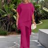 Women's Fashion Casual Solid Color Loose Fit Asymmetric Hem Two Piece Set Top and Pants Lightweight Comfortable Outfit for Daily Wear