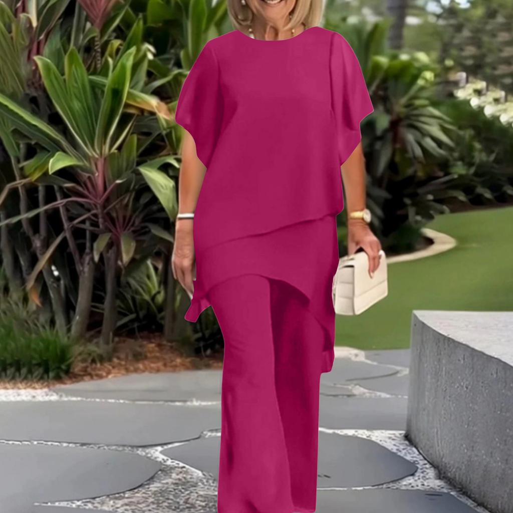 Women's Fashion Casual Solid Color Loose Fit Asymmetric Hem Two Piece Set Top and Pants Lightweight Comfortable Outfit for Daily Wear