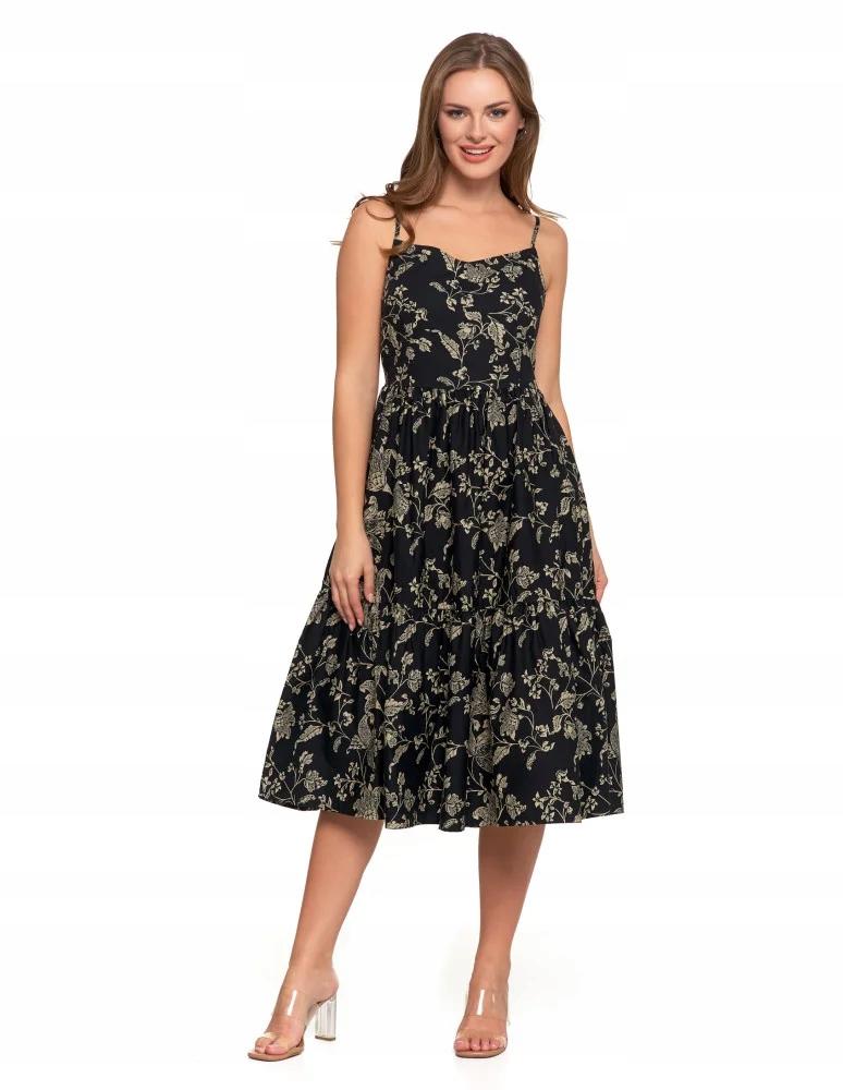 Women's Midi Dress with Straps and Ruffles, Stylish Classic, MORAJ XL PATT 1