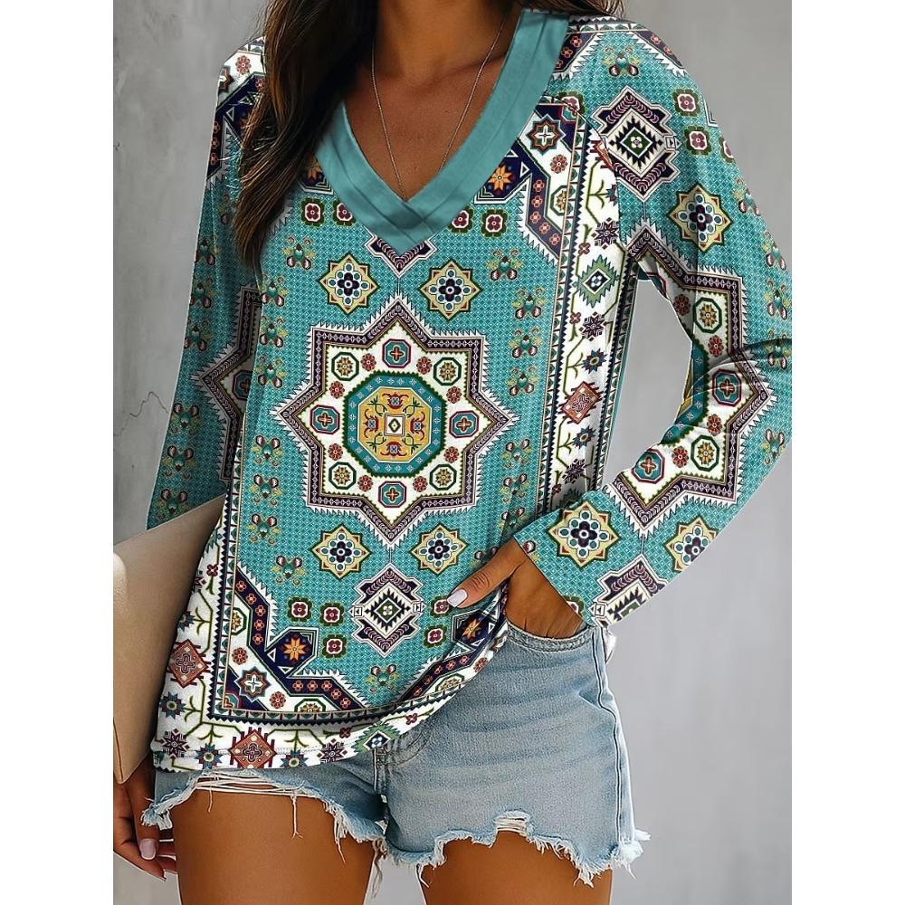 Fashion Elegant Retro Geometric Printed V Neck Long Sleeve T-Shirt Comfortable Casual Loose Versatile Sports T-Shirt