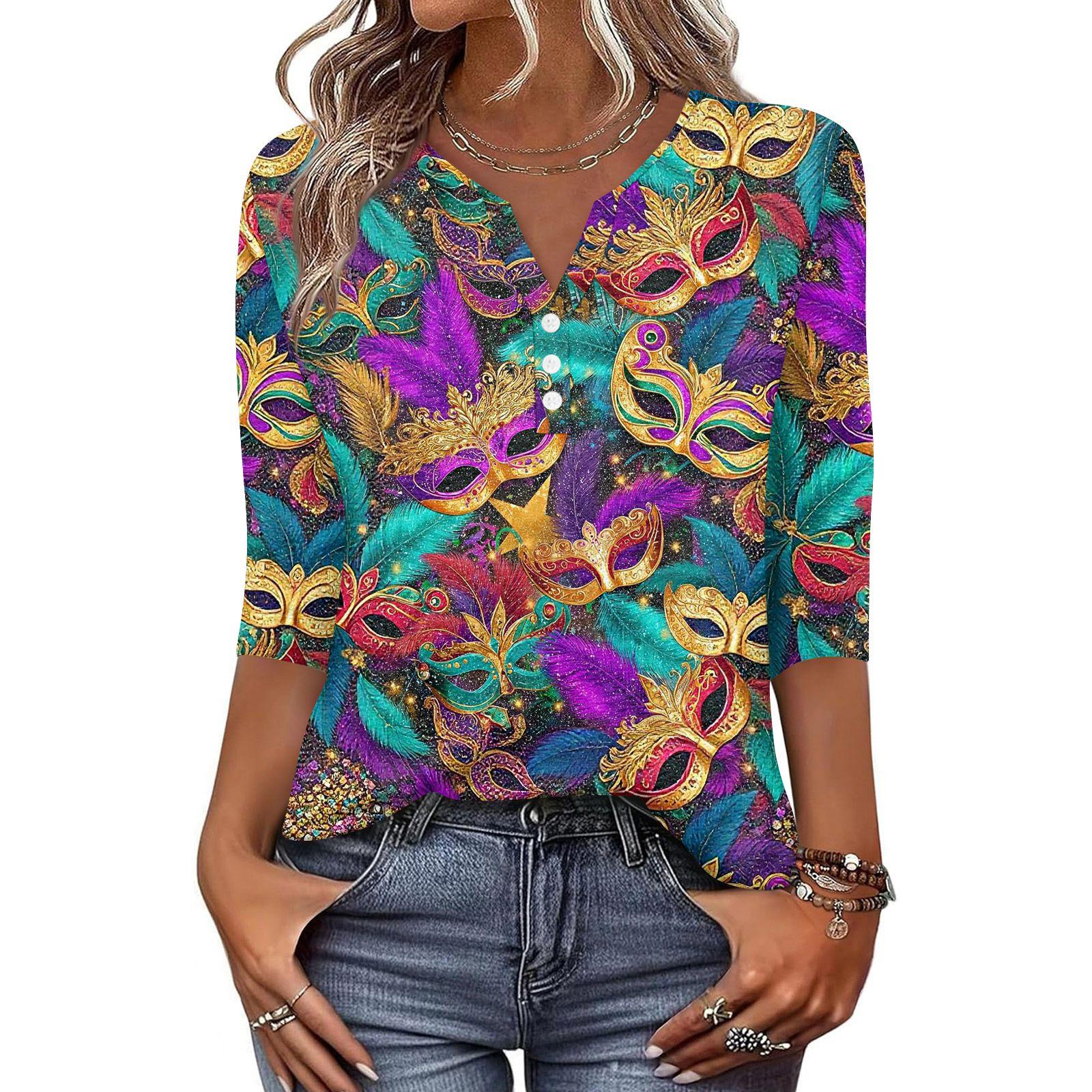 

Жен. Футболка С принтом Пуговицы Рукав 3/4 Повседневные Выходные Мода Классический Классический V-образный вырез Обычный Верх XXXL