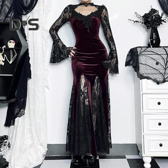 Women Cosplay Dress Dark Style Halloween Party Costume Lace Patchwork Flower Embroidery Fish Tail Hem Long Sleeves Tight Waist A-line Performance