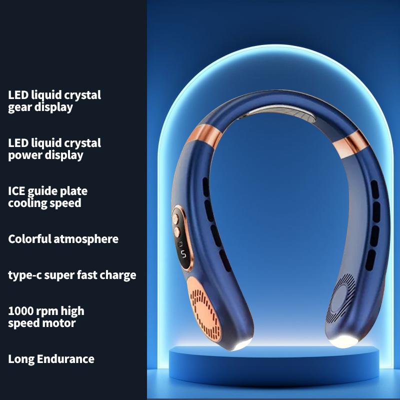 Wireless Neck Fan, Neck Cooling Device, Strong Wind with Silent Operation, Battery Durability, with Light, for Summer Cooling