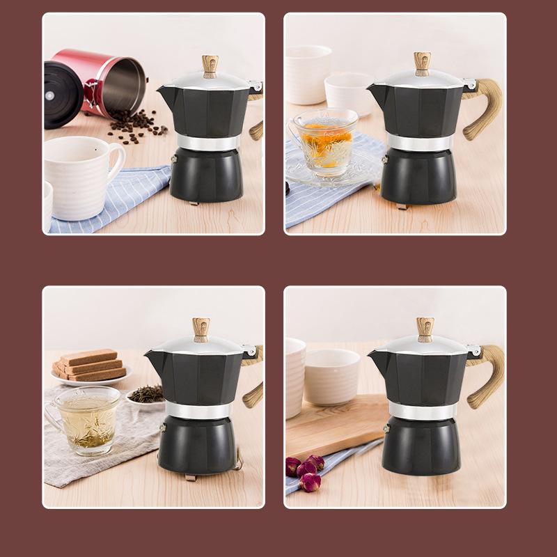 Aluminum Coffee Pot with Wood Grain Handle Moka Coffee Pot Outdoor Portable Coffee Maker Tool Matte Black 300ML