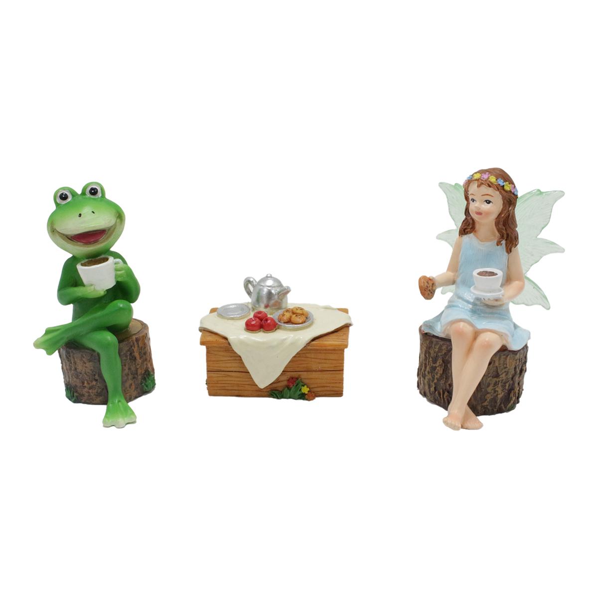 

3pc Flower Fairy and Frog Drinking Coffee Ornament, Spring Outdoor Garden Creative Decoration Ornament, Home Ornament