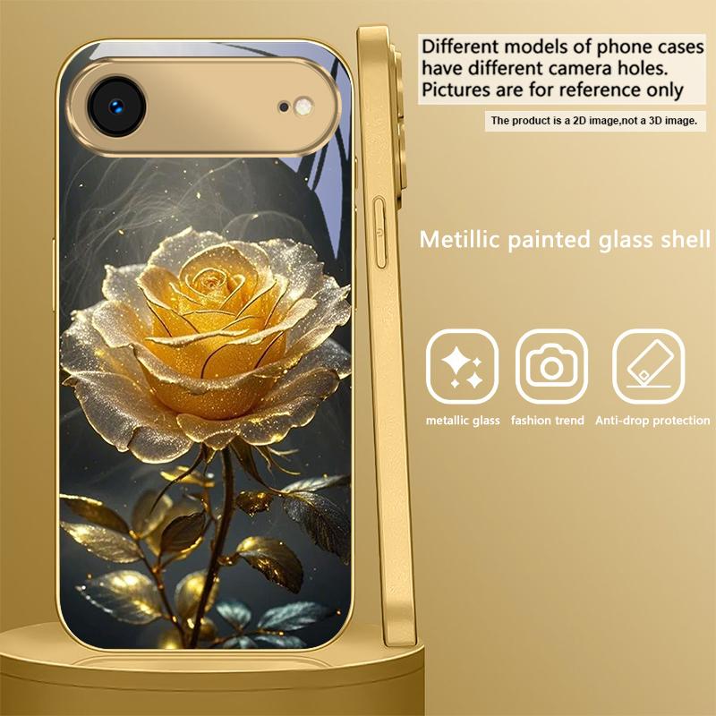 Elegant golden rose For IPhone 17Pro Max 16 17 Pro 15 Pro 14 13 Plus 12 Mini 11Pro Max XR 16E 17 Air Golden glass phone case