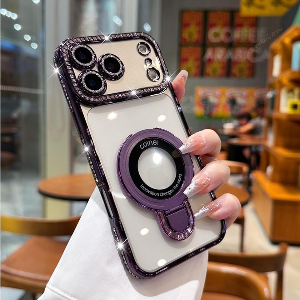 Magnetic Diamond Stand Case For iPhone 17 Air 16E 15 14 Plus 13 11 12 16 17 Pro Max Magsafe Bling Bling Glitter Protector Cover