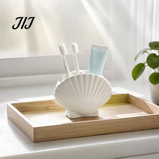 Small Item Storage Organizer Shell Shape Toothbrush Holder for Bathroom Countertop, 2 Compartments Waterproof Countertop Toothpaste Stand Desktop