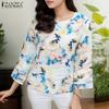 ZANZEA Women Casual Round Neck Loose 3/4 Sleeve Print Blouse