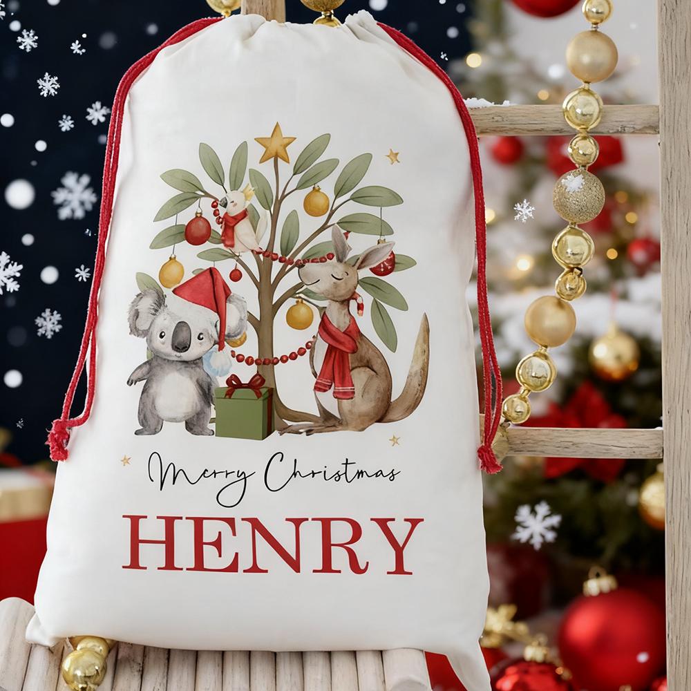 Personalised Santa Sack Christmas Keepsake Aussie Animals Larg Drawstring Bag Traditional Sack Christmas Gift Holiday Presents