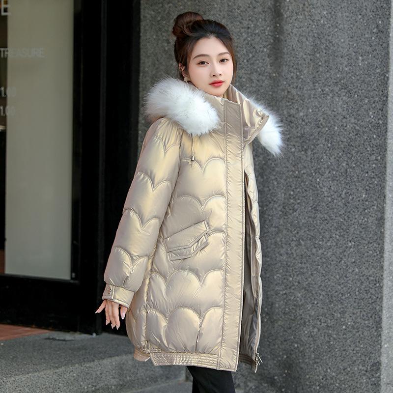 NEW Women's Glossy Down Cotton  Jacket Winter New Fur Collar Hooded Coat Female Warm Parkas Fashion Casual Loose Long Overcoat