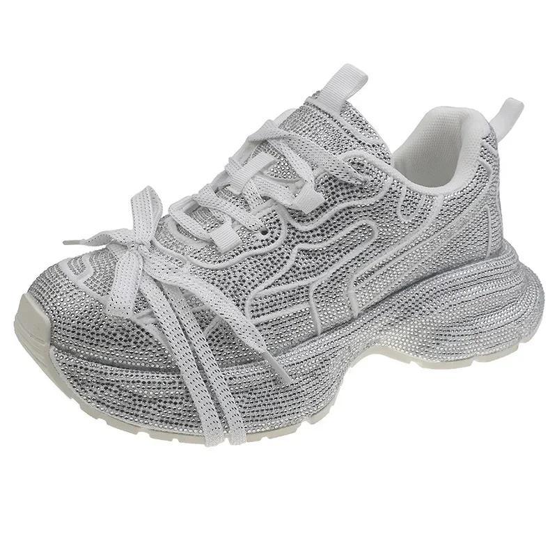 

Мода 2025 Женские кроссовки «папины» Сверкающие стразы Толстая подошва Повседневные спортивные Мигающие Осенние Резиновая подошва Не выше щиколотки 42 белый