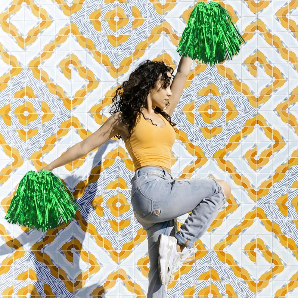 Pack of 24 Green Metallic Cheerleading Pompoms for Kids with Baton Handle for Sports Games and Dance Parties