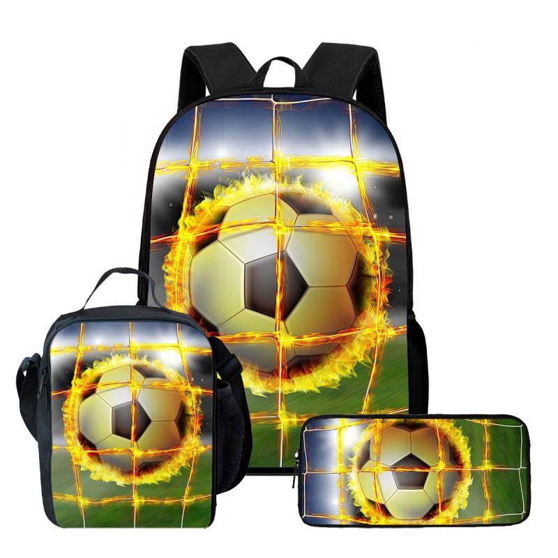 Kids School Backpack Set With Lunch Bag Pencil Case - Football Print Oxford Fabric Ergonomic Design Elementary Students