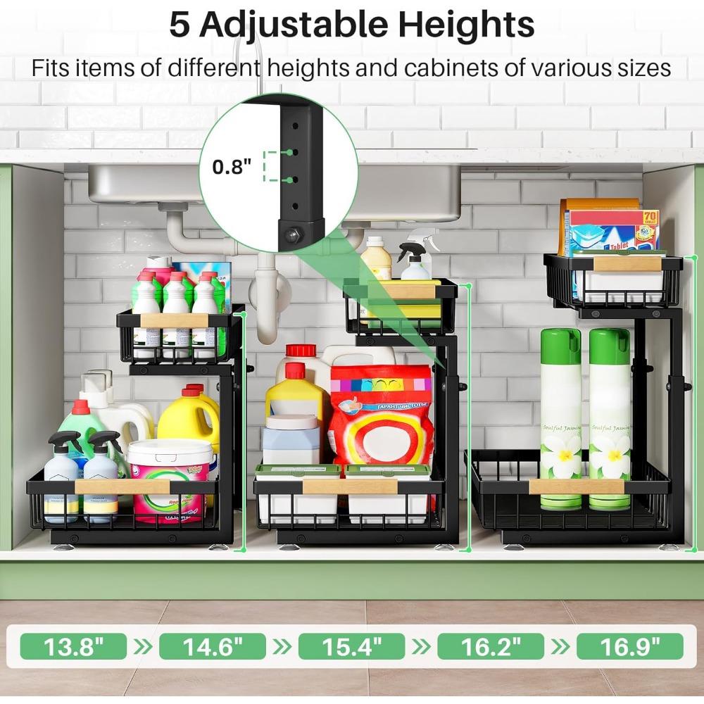 Under Sink Organizer, 2 Packs 2 Tier Under Sink Organizers and Storage, Slide Out Pull Out Cabinet Organizer Shelf, Metal Sliding Drawer for Kitchen