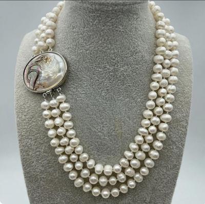 Genuine 3 Rows 7-8MM Freshwater Pearl Necklace Cameo Clasp
