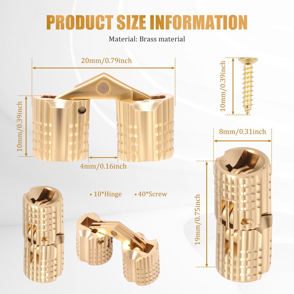 10PCS 8mm Hidden Brass Barrel Hinges 180 Degree Opening Angle Concealed Furniture Hinges for DIY Jewelry Box Hand Craft