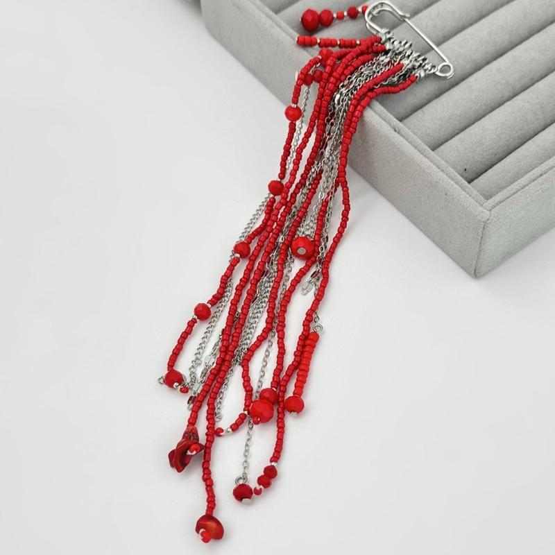 A52E Lightweight Beaded Many Layer Chain Brooch Lapel Pin with Tassels for Women
