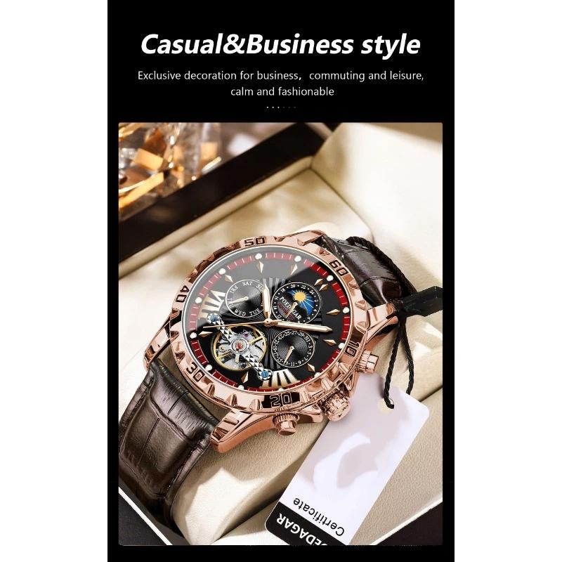 POEDAGAR Tourbillon Automatic Mechanical Wristwatch Waterproof Luminous Date Week Leather Men Watch Luxury Fashion Watches