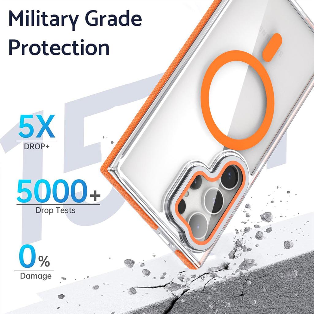 For Samsung Galaxy S24 Ultra Magnetic Case TPU Acrylic Clear Phone Back Cover with Lens Protector Kickstand