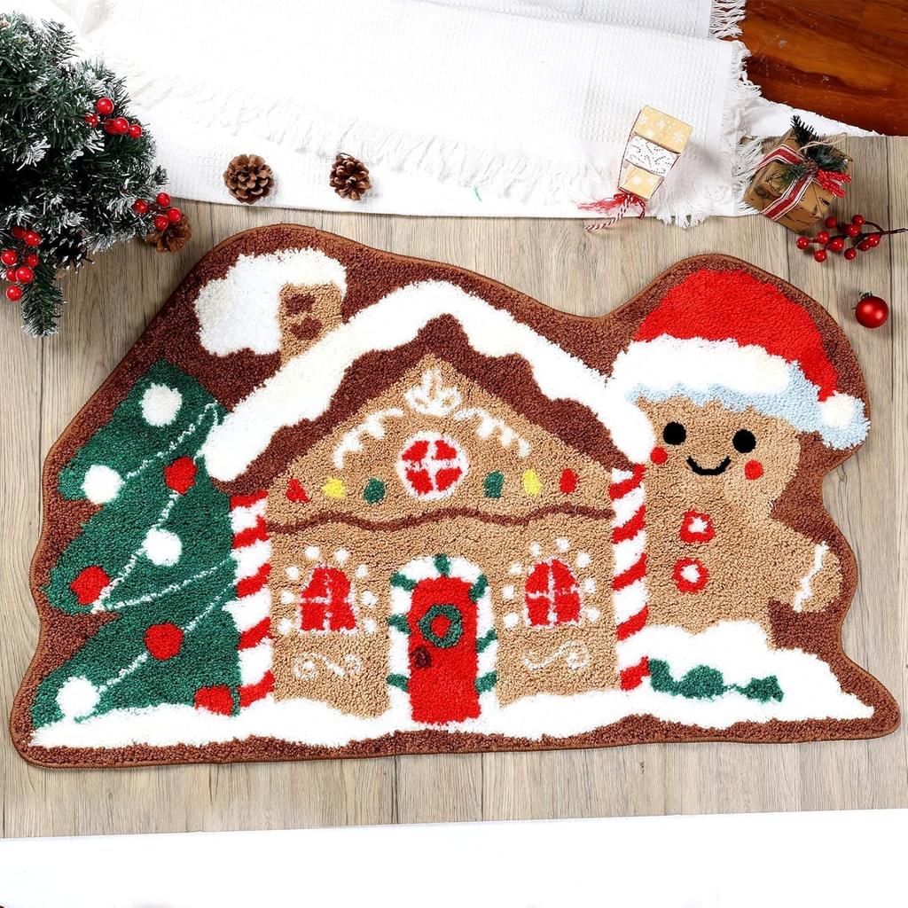 VIAMA Christmas Gingerbread House Rug Soft Bathroom Mat Gingerbread Figure Front Door Living Room Holiday Decorations