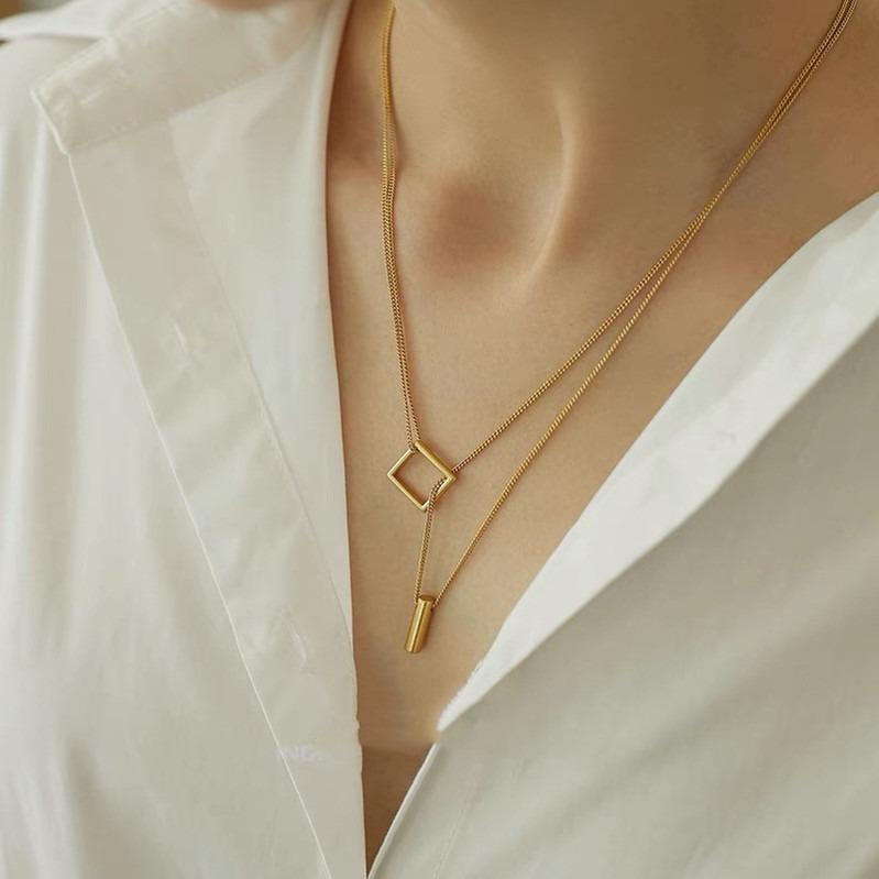 14K Gold Plated Sterling Silver Adjustable Double-Layer Geometric Necklace - European & American Fashion