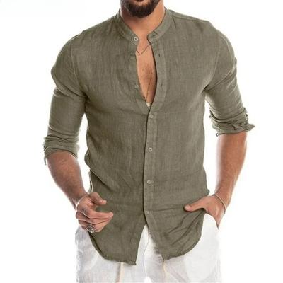 New Men's Fashion Casual Solid Color Shirt Pullover Button Linen Cotton Comfortable Daily Top Long Sleeve Shirt