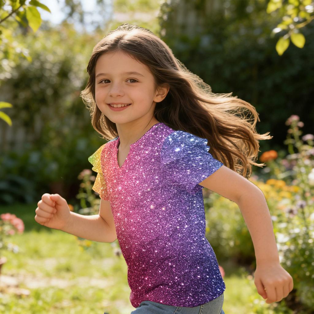 Girls V Neck Short Sleeve T Shirt Casual Top with Ruffle Sleeve and Sequin Print Lightweight Summer Blouse for Kids