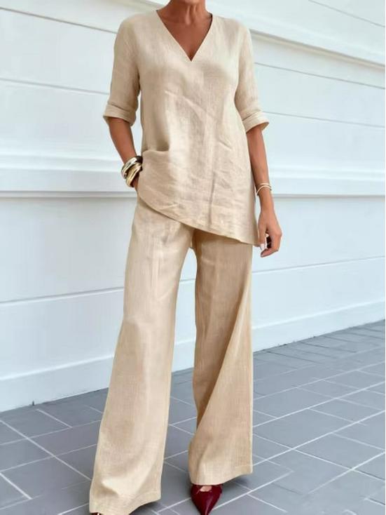 2026 European Cotton Linen Women's Casual Solid Color Two-Piece Set